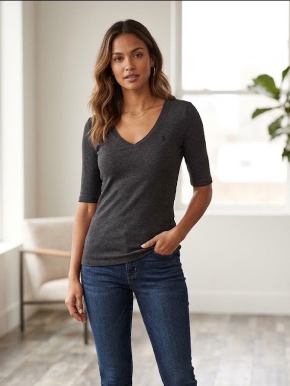 Ralph Lauren charcoal V-Neck Short Sleeve Tee super stretchy